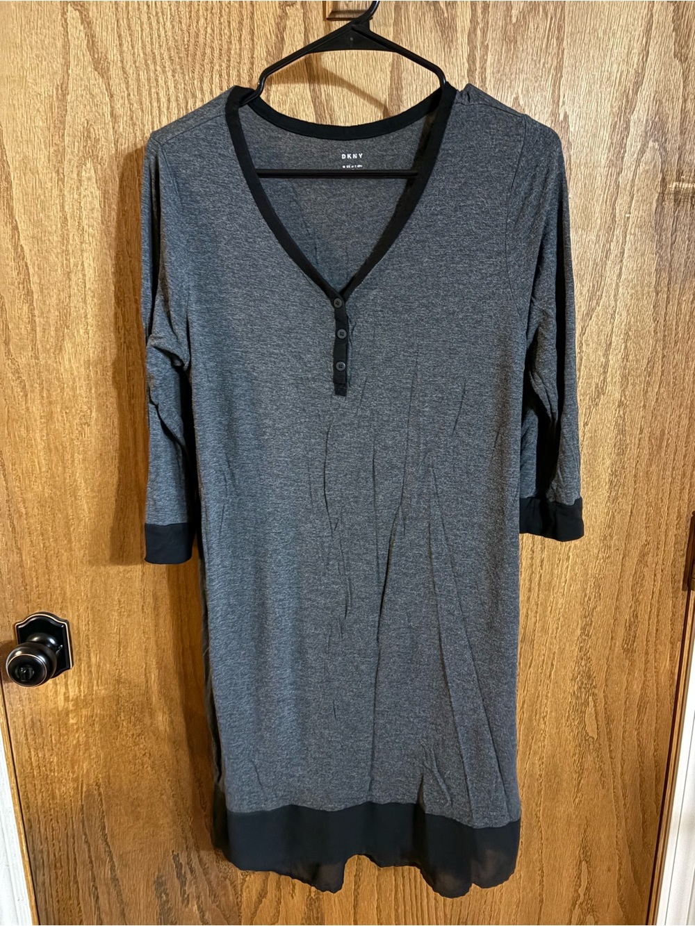 DKNY Gray and Black Henley-Style Long Sleeve Chemise